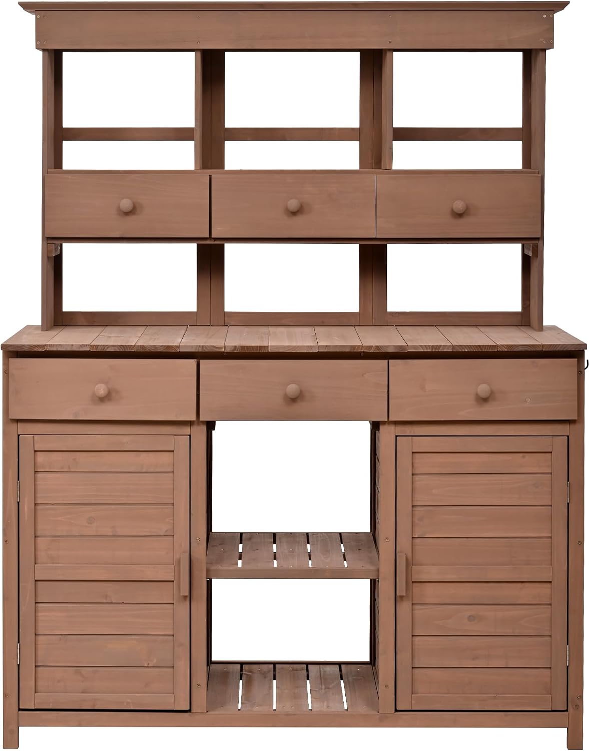 JIVOIT Outdoor Wood Workstation Table, 65.7'' H Tall Garden Potting Bench Table with Hutch, 3 Shelves, 6 Drawers, 2 Bottom Cabinets & Side Hooks, Patio Storage Workstation for Mudroom, Doorway