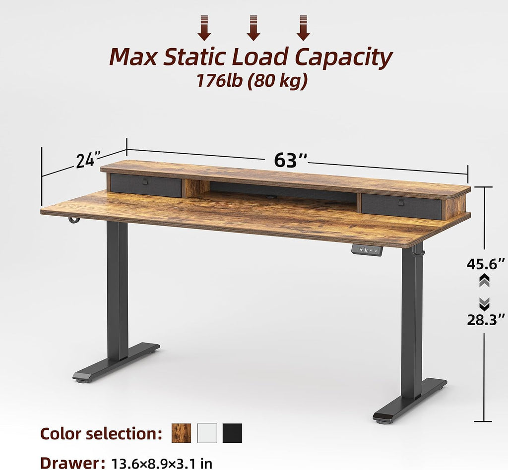 TIQLAB Standing Desk with Two Drawers, Stand Up Standing Desk Adjustable Height, Electric Sit Stand Table with Storage Shelf and Splice Board, 63 * 24 inch, Rustic Brown