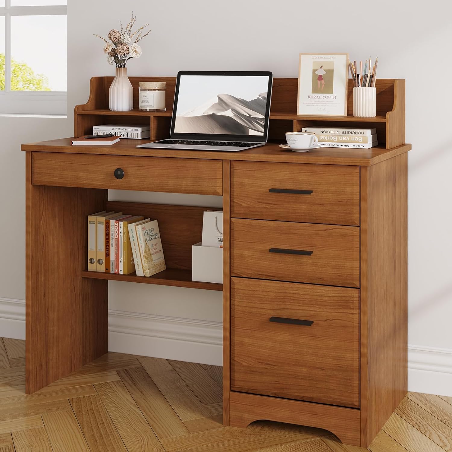 4 EVER WINNER Small Desk with Drawers for Small Spaces, 44'' Wood Desk with File Drawer & Monitor Stand, Office Desks Writing Study Table for Bedroom, Living Room, Brown