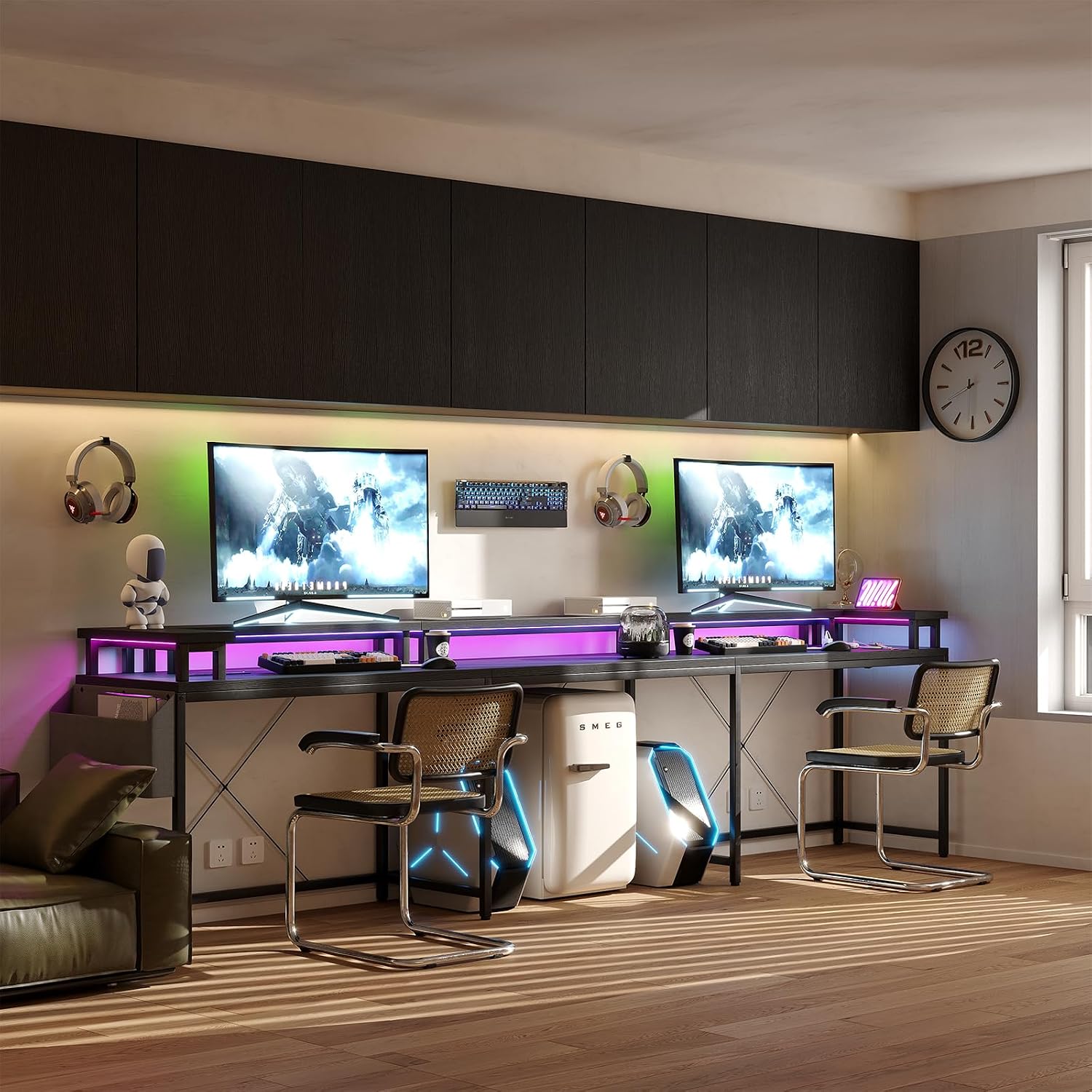 79 Inch u Shaped Desk with Power Outlets, LED Strip & Monitor Stand, Large Corner Computer Desk with Monitor Stand & with Storage Shelves for Home Office
