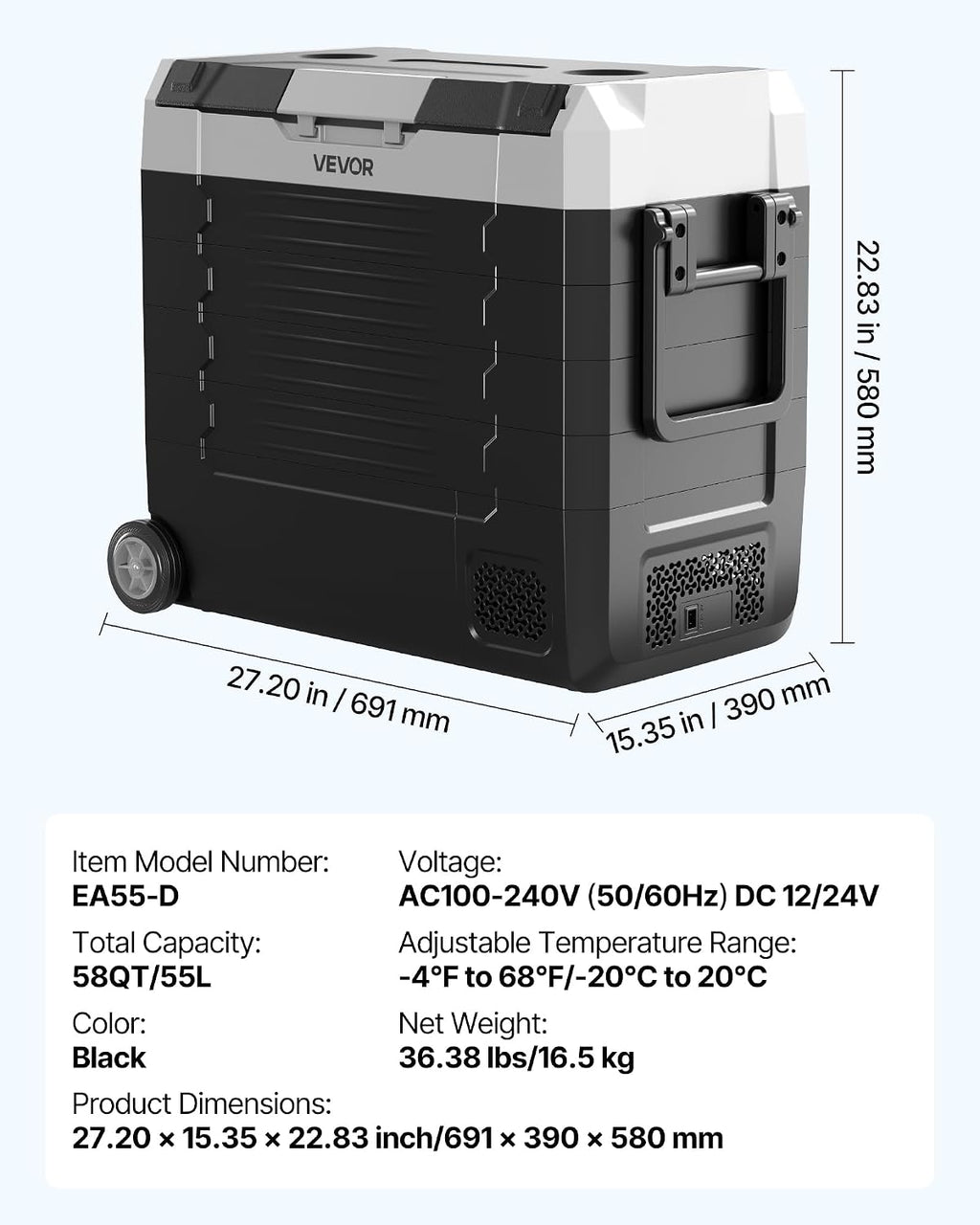 VEVOR Car Refrigerator, DC 12/24V AC100-240V Compressor Electric Cooler, -4°F to 68°F Truck Refrigerator with APP Control, Wheels & Dual Zone, 58 QT Cars Cooler for RVs, Boats, Camping, Fishing