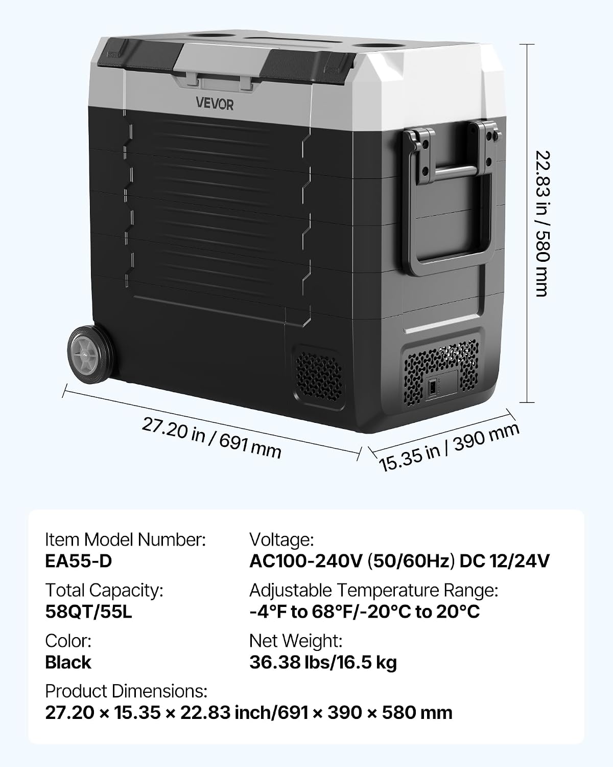 VEVOR Car Refrigerator, DC 12/24V AC100-240V Compressor Electric Cooler, -4°F to 68°F Truck Refrigerator with APP Control, Wheels & Dual Zone, 58 QT Cars Cooler for RVs, Boats, Camping, Fishing