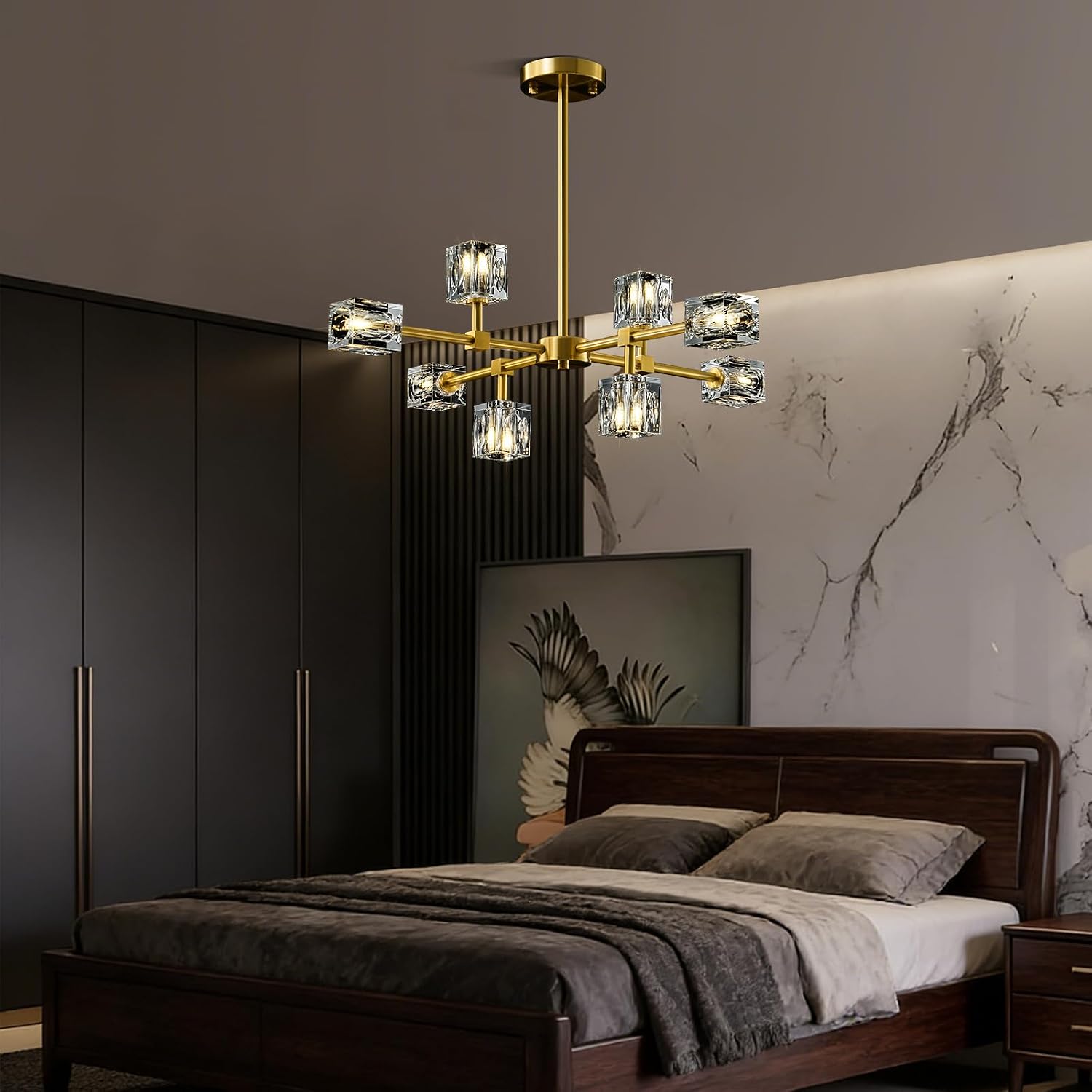 Modern Sputnik Crystal Kitchen Chandelier - Luxury Elegant 8 Light Gold Brushed Brass Chandeliers - Adjustable Height Pendant Lighting Ceiling Fixture for Dining Room Living Room Island Table Bedroom