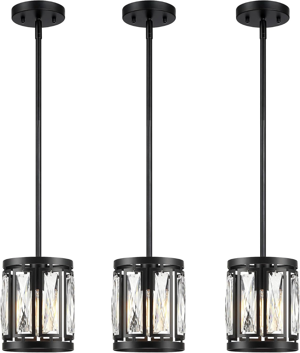 Crystal Pendant Lighting Fixture Matte Black Drum Shade Chandelier,3-Pack Pendant Lights for Kitchen Island Modern Ceiling Lights for Living Room