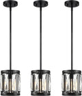 Crystal Pendant Lighting Fixture Matte Black Drum Shade Chandelier,3-Pack Pendant Lights for Kitchen Island Modern Ceiling Lights for Living Room