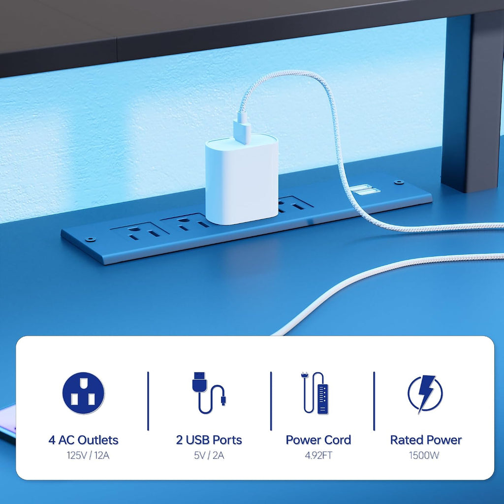 Pamray 64 Inch L Shaped Gaming Desk with Power Outlets and Led Lights, Large Corner Computer Desk with Monitor Stand and Pegboard, PC Table for Home Office and Bedroom White