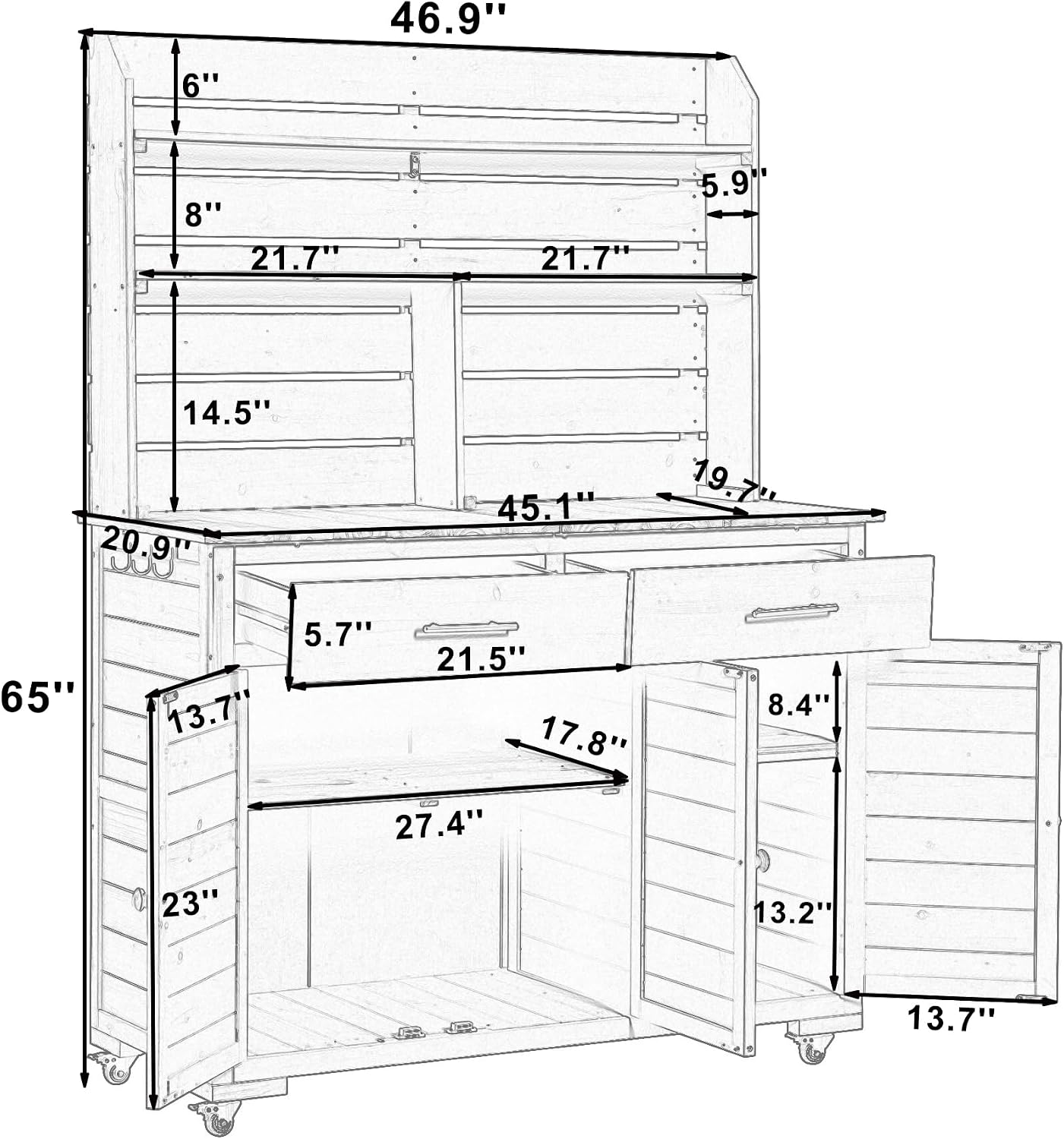 Multifunctional 3-in-1 Potting Bench Workstation with Storage & Wheels | Sturdy Fir Wood | Outdoor Garden, Patio, BBQ Prep Station (Brown-W)