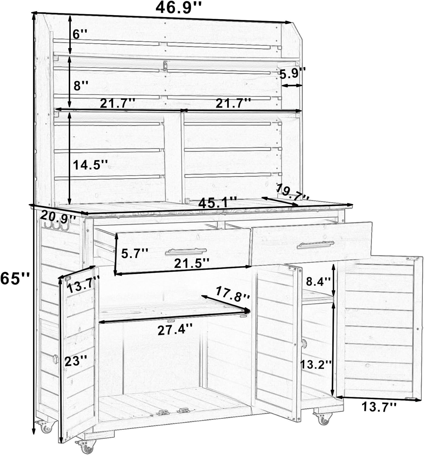 Multifunctional 3-in-1 Potting Bench Workstation with Storage & Wheels | Sturdy Fir Wood | Outdoor Garden, Patio, BBQ Prep Station (Natural Wood-W)