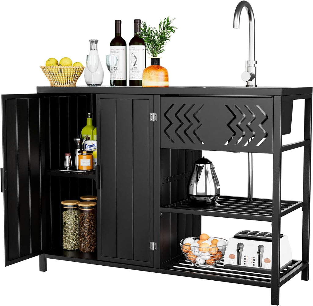 LUCKWIND 48 Inch Iron Utility Sink Cabinet with Stainless Steel Sink & Faucet, 2-Door Enclosed Storage Cabinet and 2-Shelf Open Unit for Outdoor Patio, Kitchen & Commercial Use