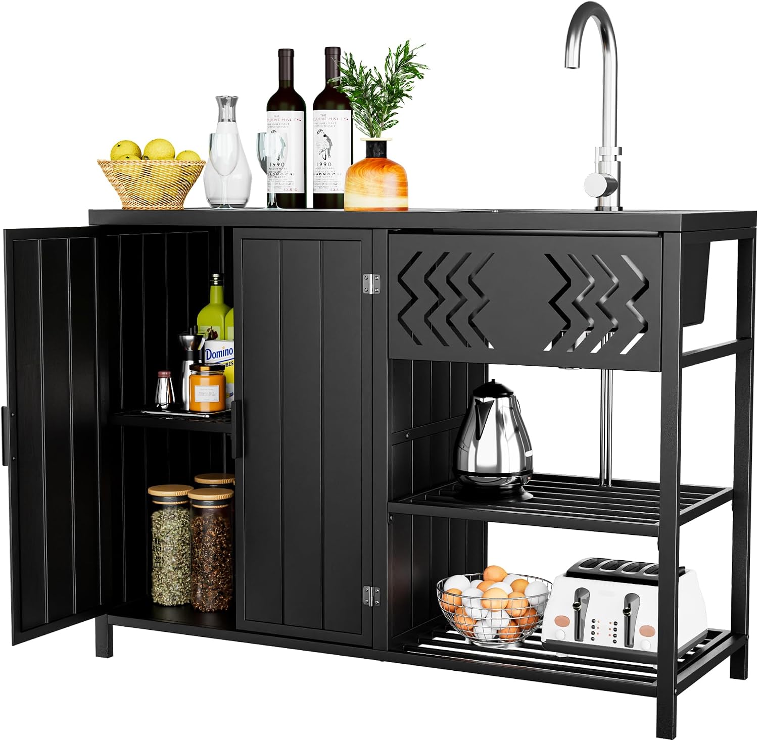 LUCKWIND 48 Inch Iron Utility Sink Cabinet with Stainless Steel Sink & Faucet, 2-Door Enclosed Storage Cabinet and 2-Shelf Open Unit for Outdoor Patio, Kitchen & Commercial Use