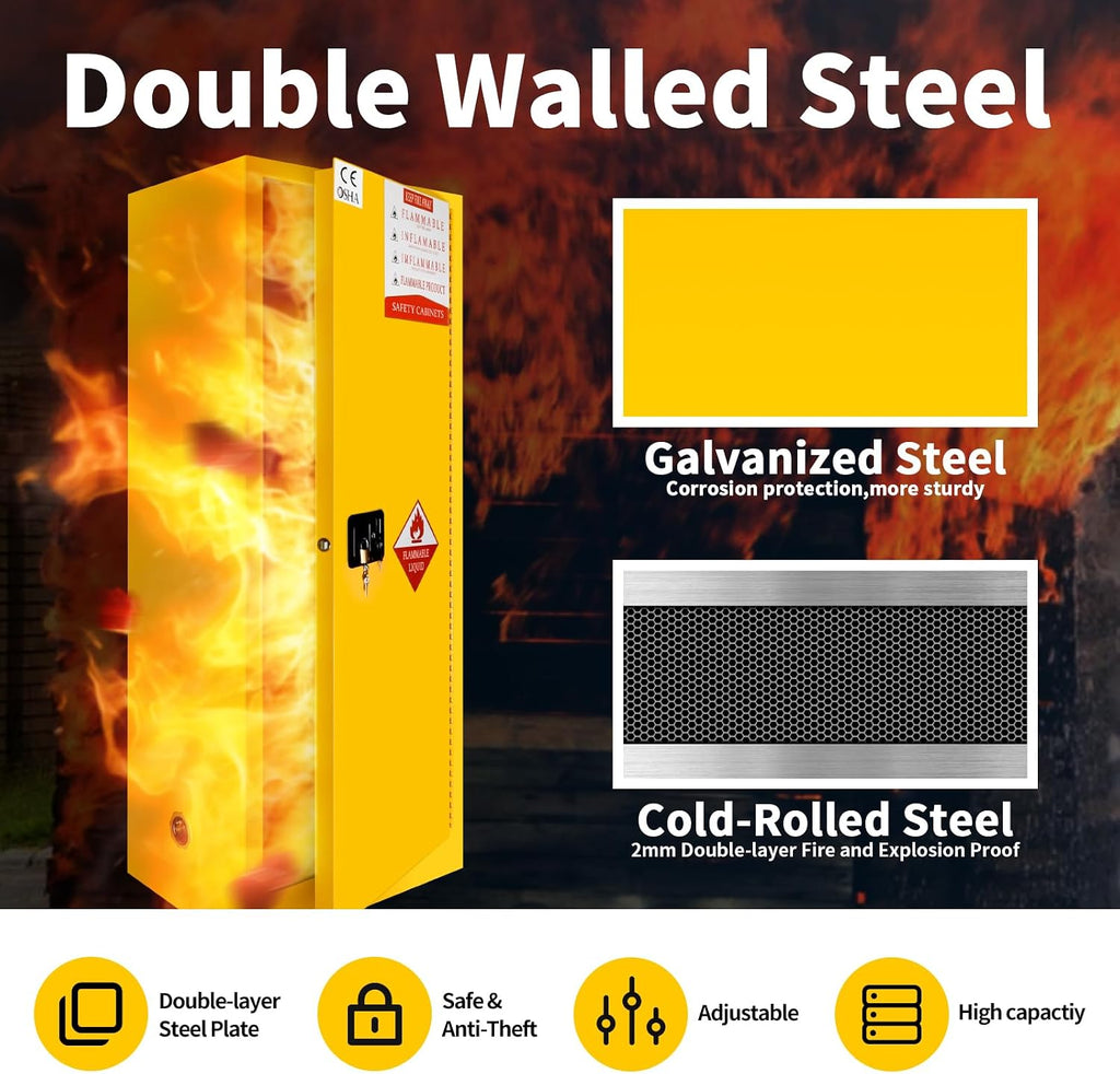 185 Gallon Flammable Storage Cabinet 75H x 25W x 30D, Yellow Galvanized Steel Safety Cabinet, Adjustable Shelf Fireproof Cabinet with 3-Point Key Lock, for Commercial Industrial and Home Use