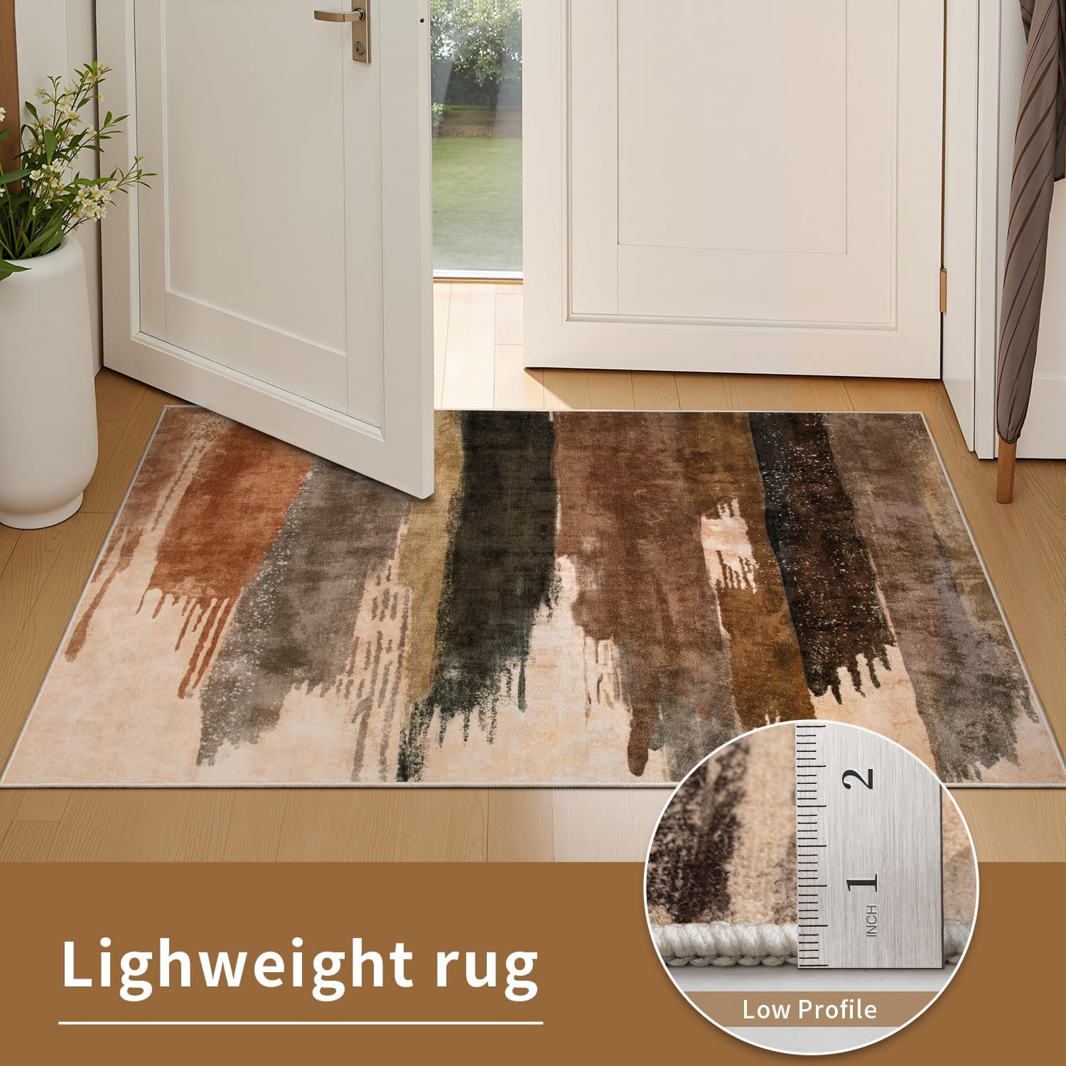 Ciicool 8ft Round Washable Rug, Modern Abstract Circle Rugs, Non-Slip Thin Lightweight Rug Brown Black Circular Print Distressed Carpet for Bedroom Living Room Under Dining Table Home Office Decor