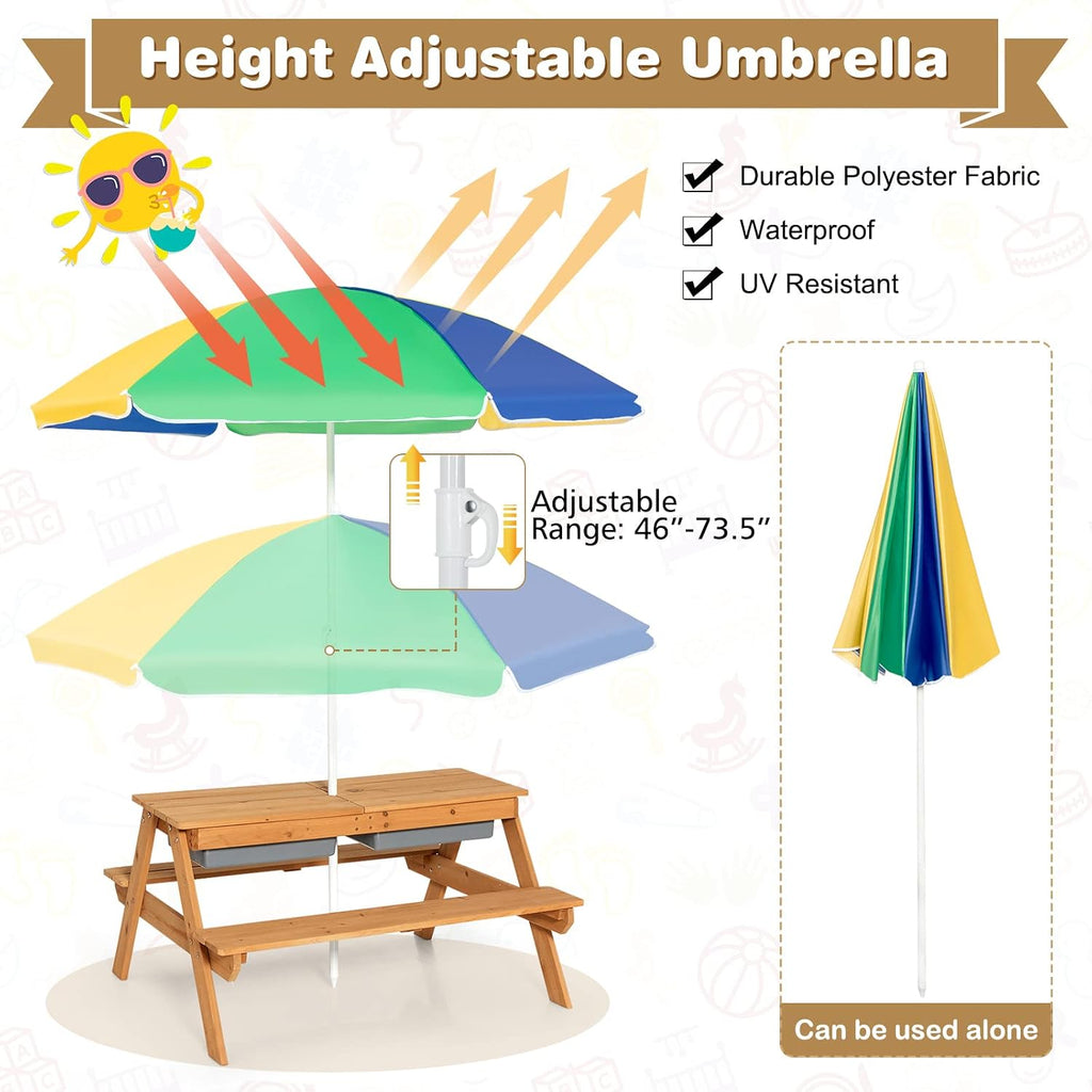 Costzon Kids Picnic Table with Sensory Bins, 4 in 1 Sand and Water Table with Height Adjustable Umbrella, Removable Tabletop, Wooden Kids Outdoor Table for Backyard Patio Play