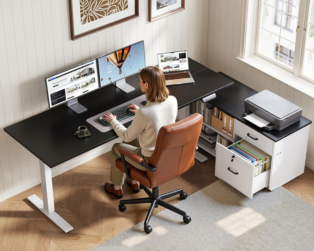 OffiGo 55 Inch L Shaped Electric Standing Desk with Drawers & File Cabinet Sets, Executive Sit Stand Desk, Height Adjustable Computer Desk for Home Office, Writing, Workstation, Black+White