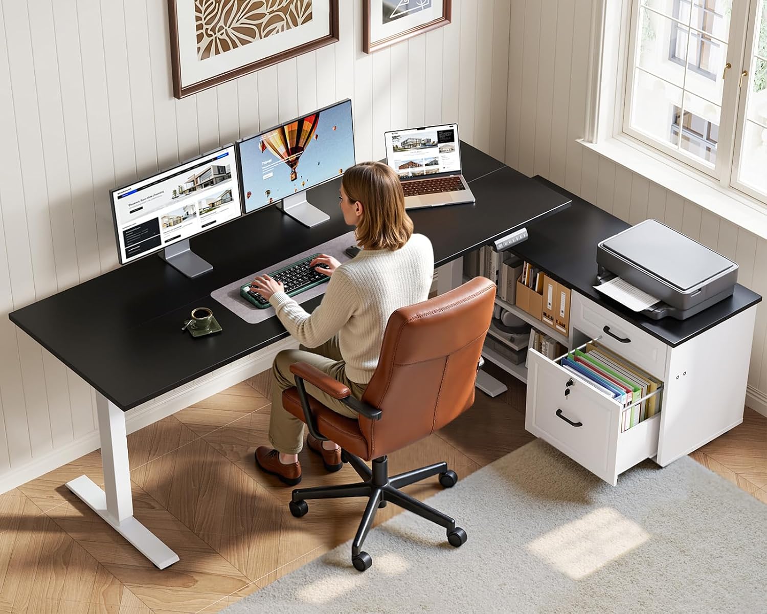 OffiGo 55 Inch L Shaped Electric Standing Desk with Drawers & File Cabinet Sets, Executive Sit Stand Desk, Height Adjustable Computer Desk for Home Office, Writing, Workstation, Black+White