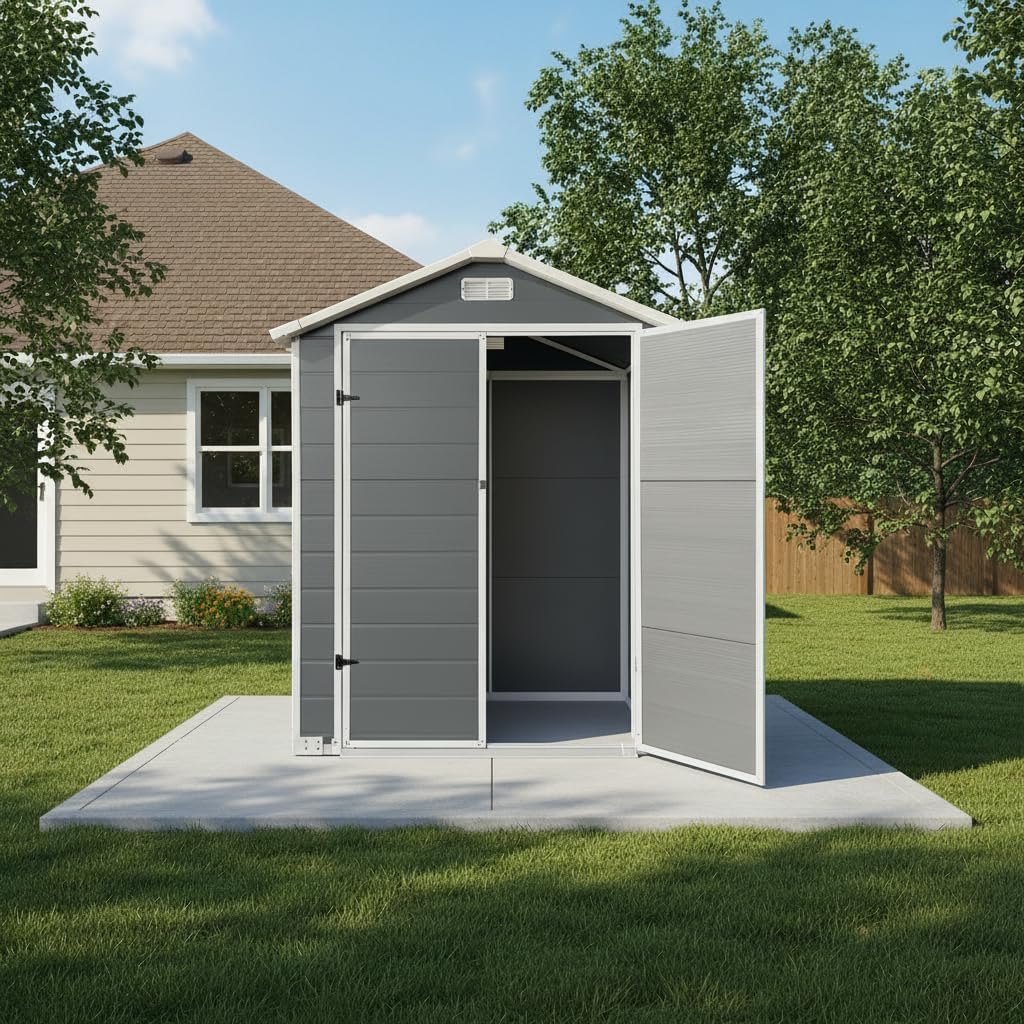 YOPTO 6x4 FT Plastic Storage Shed,Outdoor Storage Shed with Floor and Lockable Door,Waterproof Garden Shed W/Windows & Vents,Sloped Roof,Tool House for Storing Bicycles,Lawnmowers,Gray