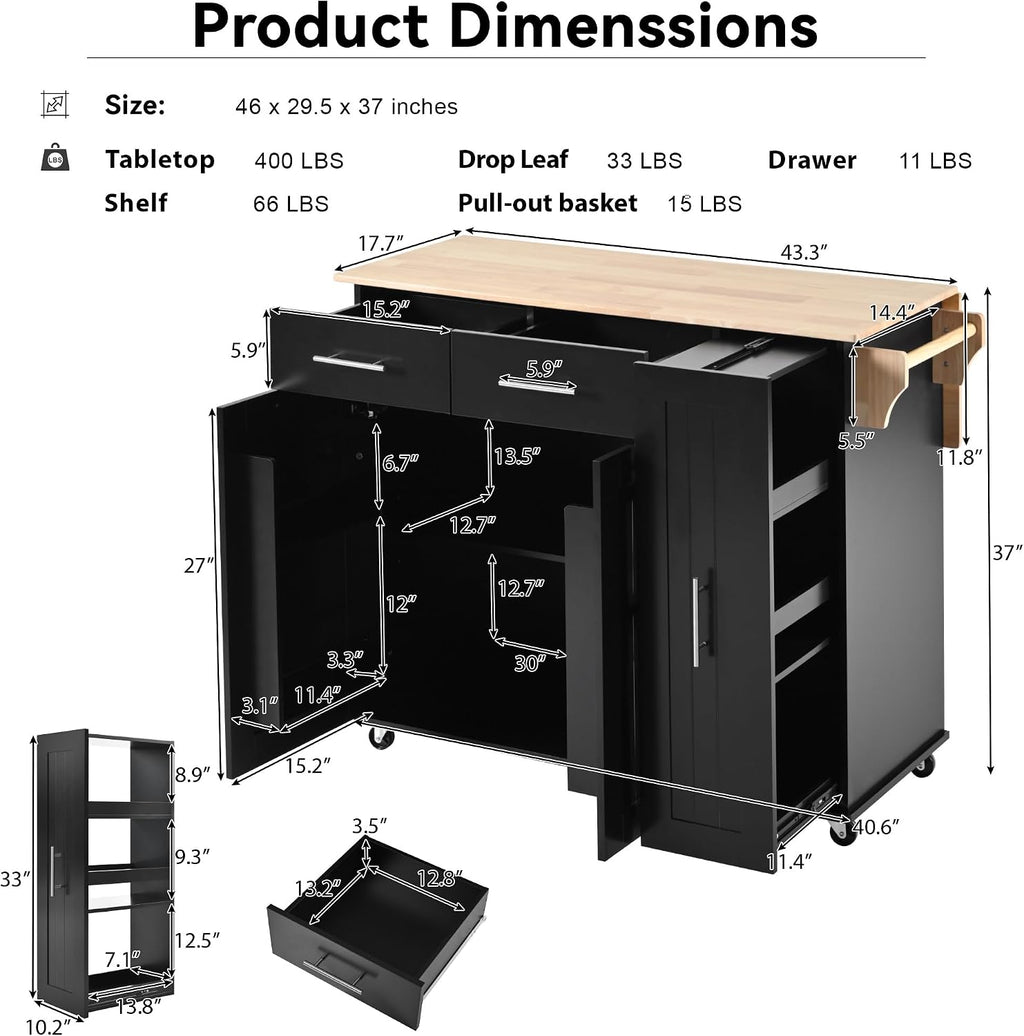 Kitchen Island with Drop Leaf, Kitchen Storage Cart with 3 Tier Pull Out Cabinet Organizer, Internal Storage Rack, Rolling Kitchen Cart on Wheels with Towel Rack, 2 Drawers, for Kitchen, Black