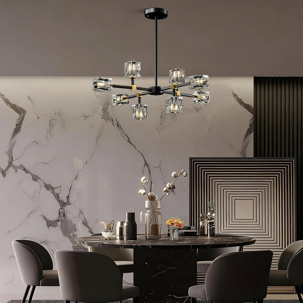 Modern Sputnik Crystal Kitchen Chandelier - Luxury Elegant 8 Light Black and Gold Brushed Brass Chandeliers - Adjustable Height Pendant Lighting Ceiling Fixture for Dining Room Living Room Island