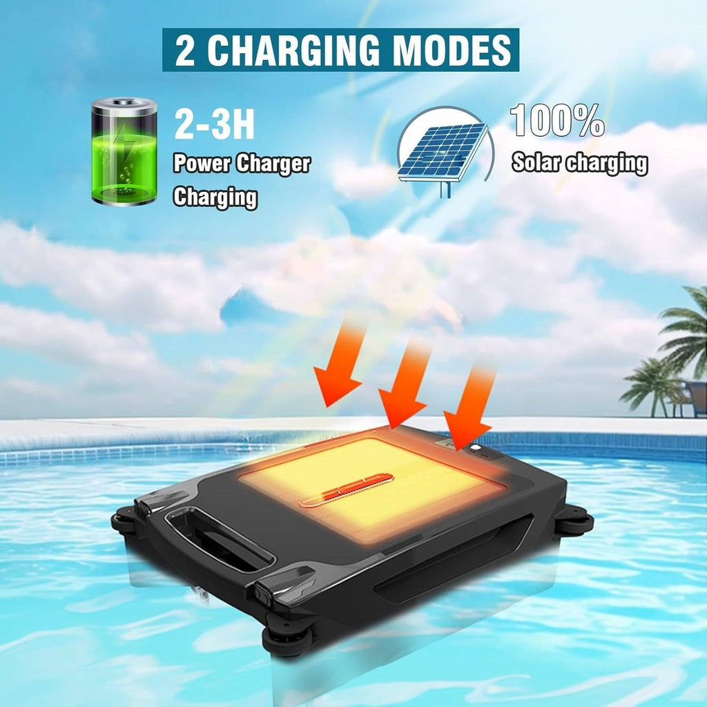 Automatic Cordless Robot Solar Powered Pool Skimmer Cleaner for All Swimming Pool Sur-Face, with App Support, Shallow Water Safeguard, and Twin Salt Chlorine Tolerant Motors