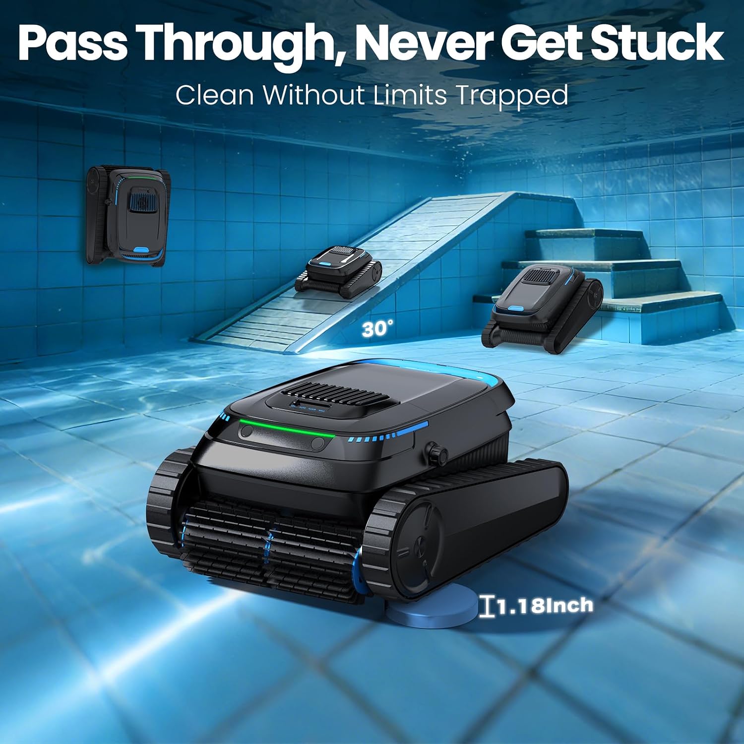 Robotic Pool Vacuum PC10, Cordless Pool Cleaner Robot for Inground & Above Ground Pools, Smart Navigation, 5000GPH Suction Power for Cleaning Floor, Wall & Waterline, Self-Parking, Black