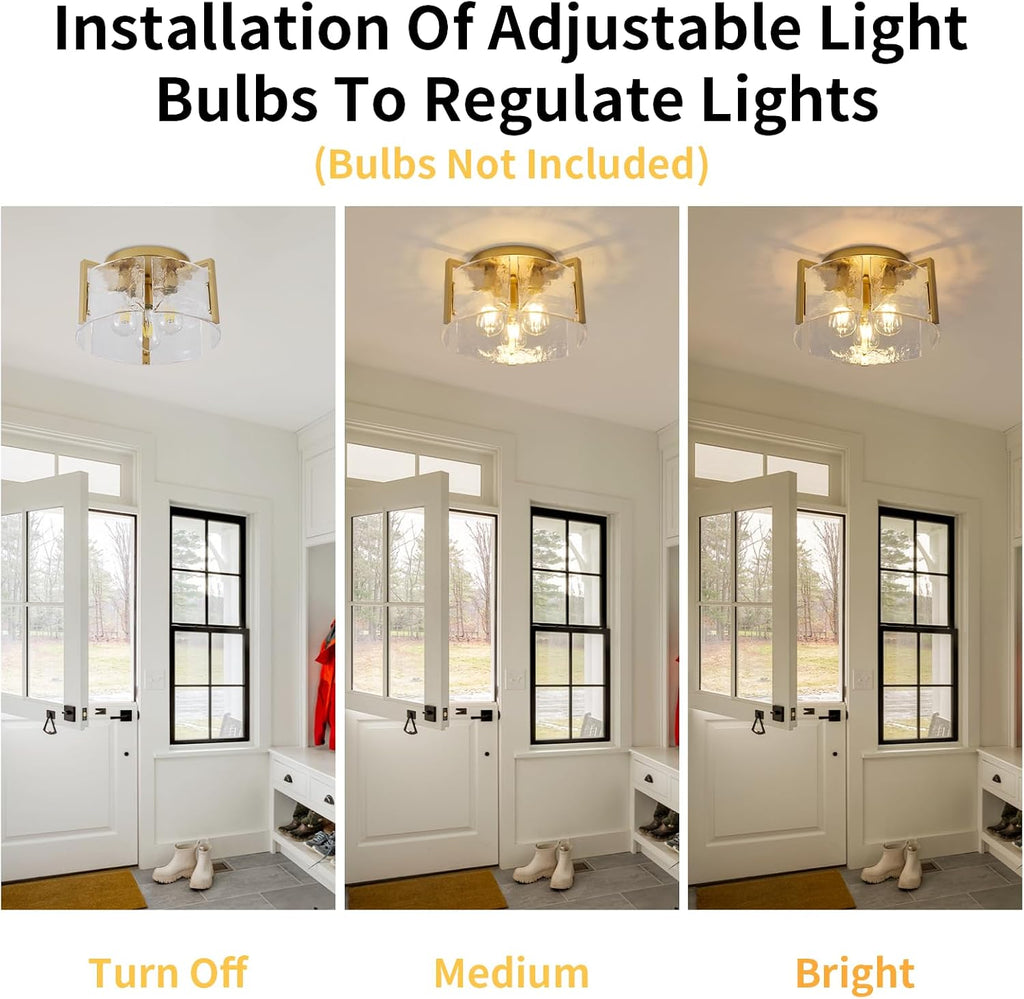 Gold Semi Flush Mount Ceiling Light Fixture, 14-Inch Farmhouse Modern Flush Mount Light Glass Drum Lights Foyer Lighting Fixtures for Kitchen Entryway Hallway Laundry Room Bedroom Bathroom