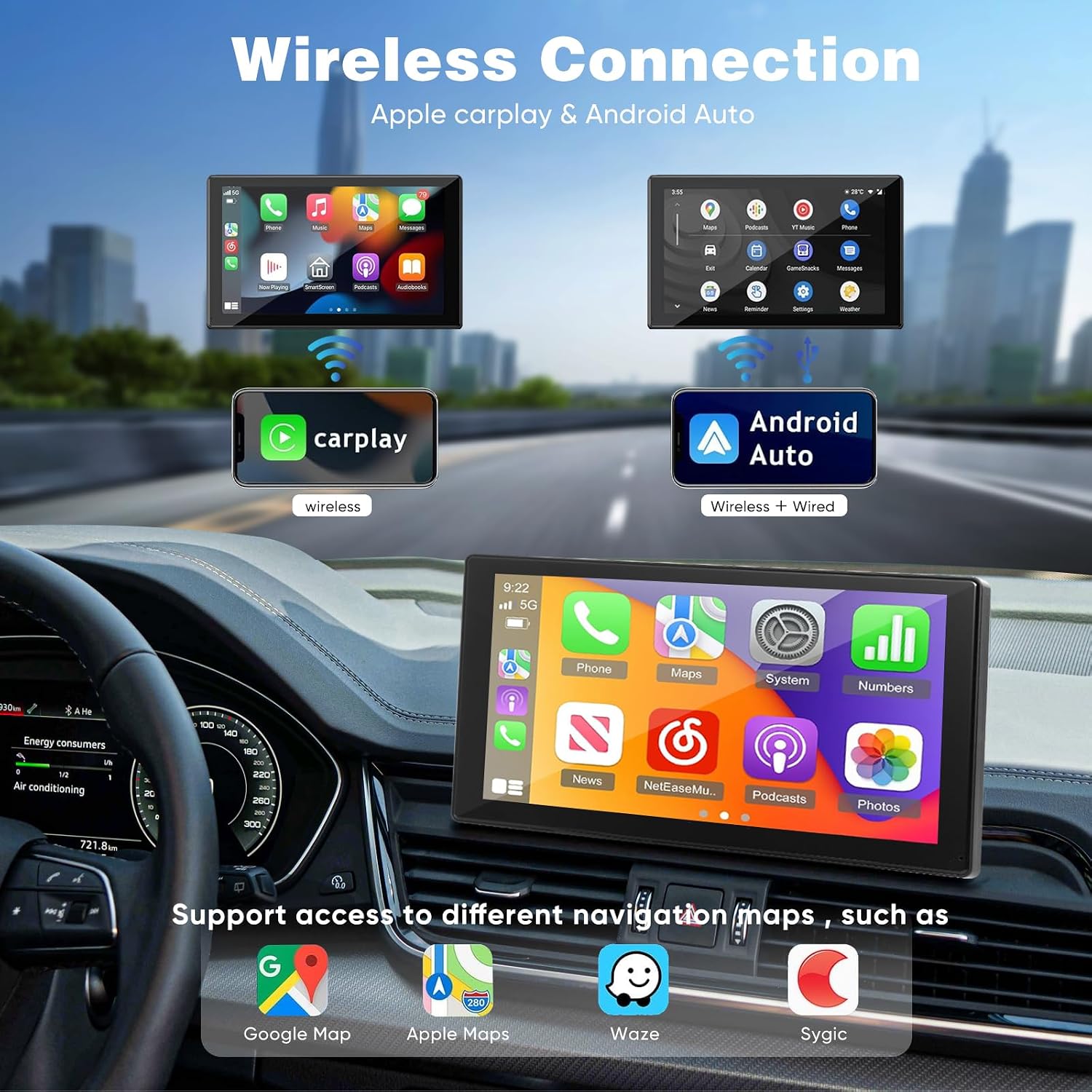 9.3' Carplay Screen for Car with Backup Camera, 2.5K Wireless Display, Android Auto Compatible, Portable Dash Cam, Touch Monitor, GPS Navigation, Bluetooth FM Transmitter, Universal Mount, Gifts