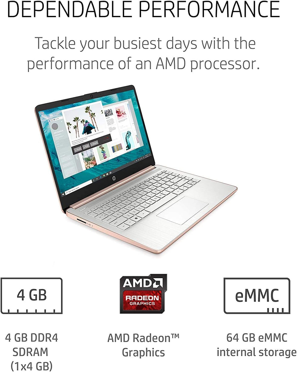 HP - 14-fq0060nr 14 Laptop, AMD 3020e, 4 GB RAM, 64 GB eMMC Storage, 14-inch HD Touchscreen, Windows 10 Home in S Mode, Long Battery Life, Microsoft 365, (14-fq0060nr, 2020) Pale Rose Gold