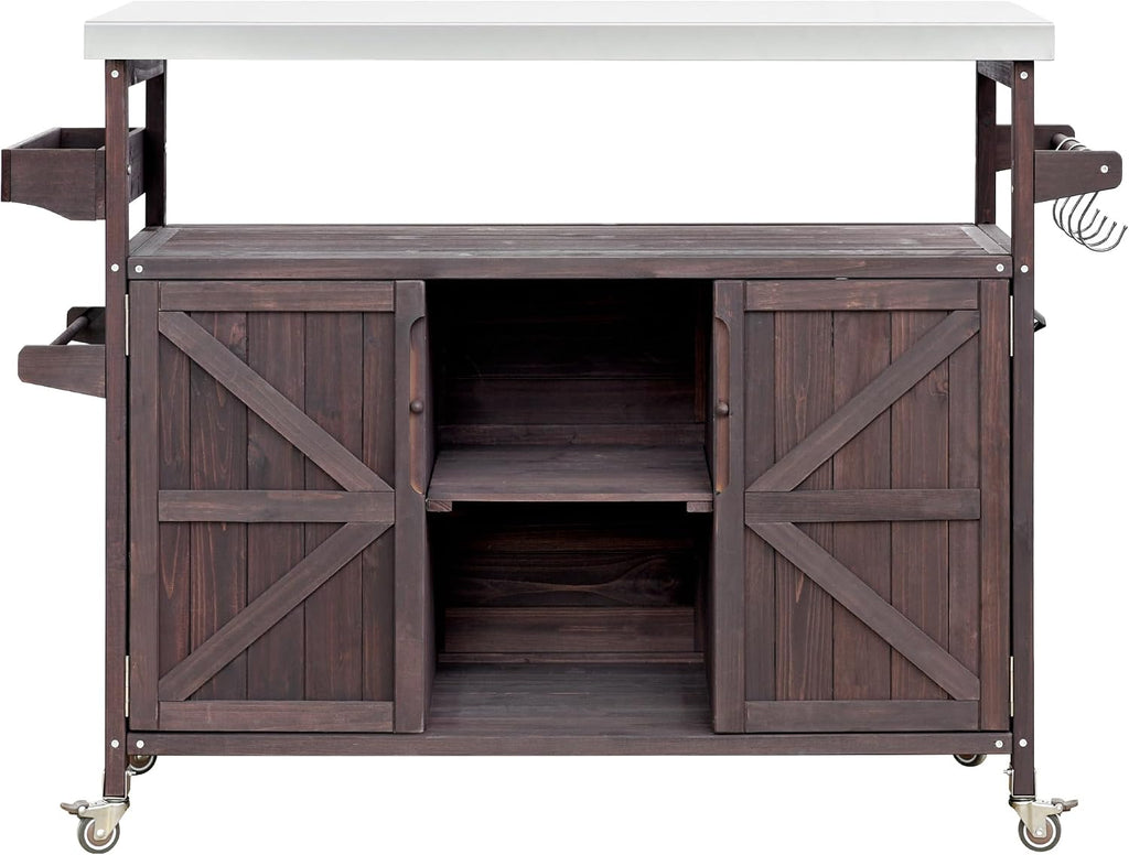 Ball & Cast Outdoor Kitchen Island,Rolling Bar Cart & Storage Cabinet,Farmhouse Solid Wood Outdoor Grill Table with Stainless Steel Top,Spice and Towel Rack,for Kitchen,Barbecue,Dark Brown,50.25'