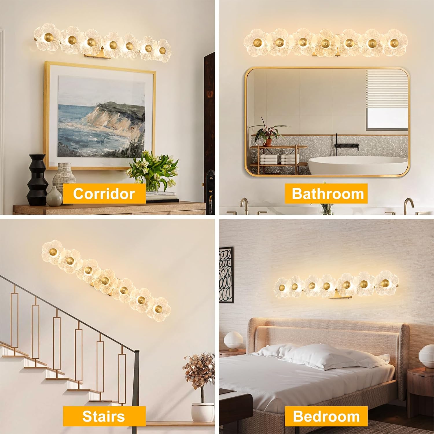 MantoLite 33.46'' Bathroom Light Fixtures Modern Vanity Light Over Mirror Adjustable 3000K-6000K Picture Lights Art Light with Floral Clear Glass Shades for Living Room Bedroom (7 Light Gold)