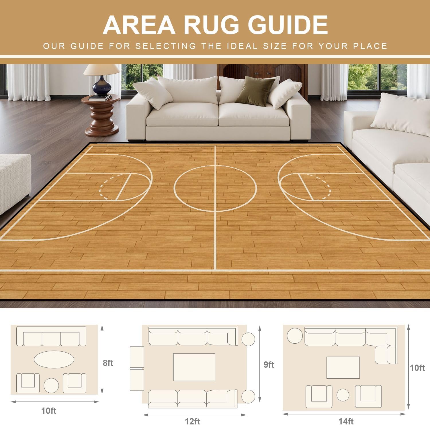 8x10 Area Rugs for Bedroom Boho Washable Rug for Living Room Basketball Court Wooden Flooring White Lines Carpet for Dining Room Soft Rubber Backed Non-Slip Carpets for Bedroom Office