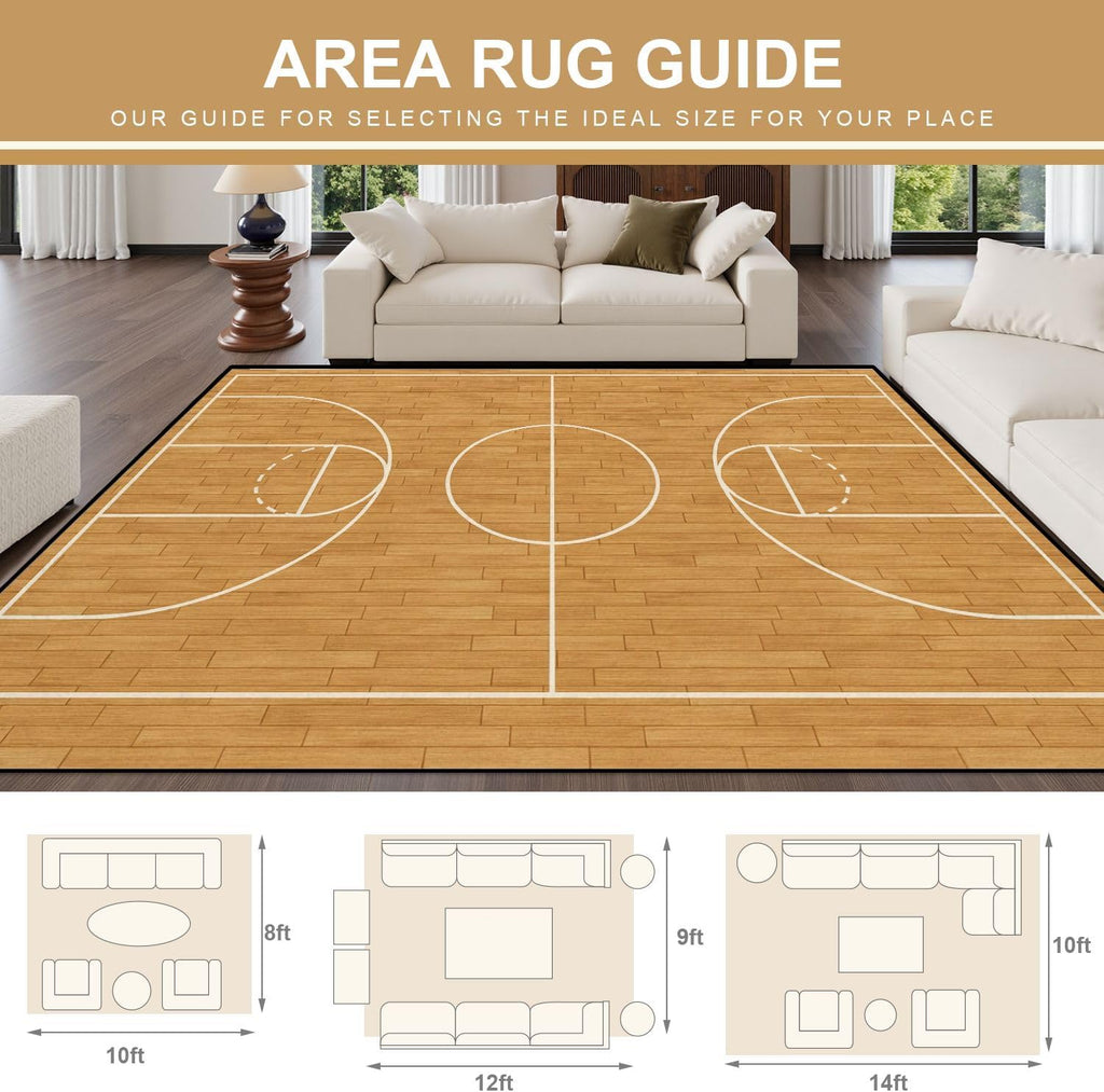 9x12 Area Rugs for Bedroom Boho Washable Rug for Living Room Basketball Court Wooden Flooring White Lines Carpet for Dining Room Soft Rubber Backed Non-Slip Carpets for Bedroom Office