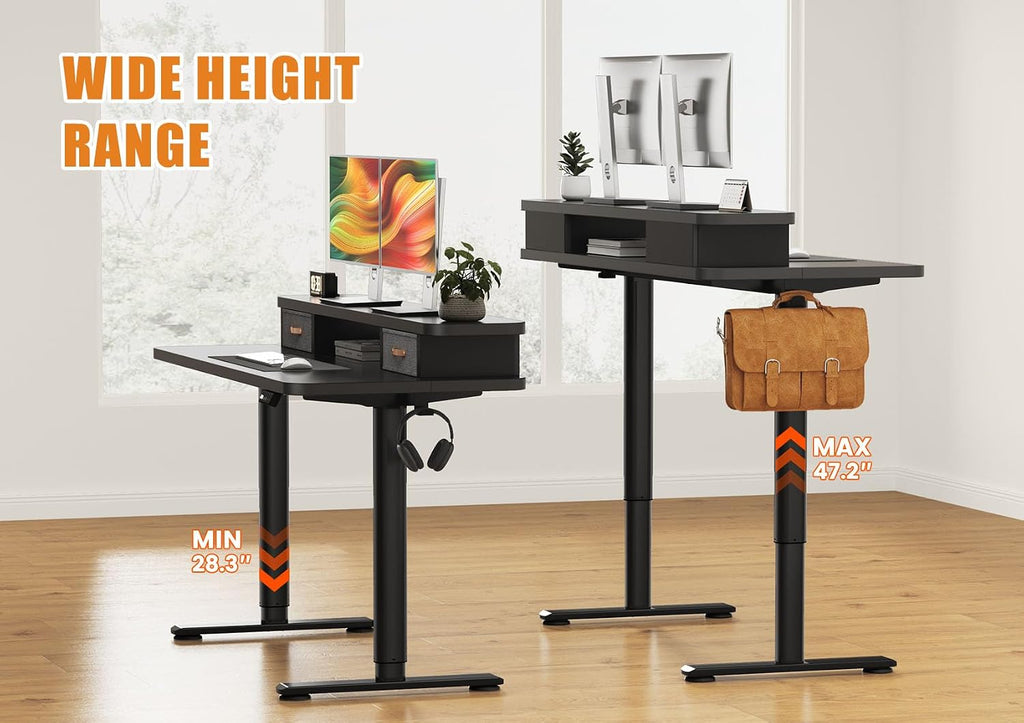 Flycity Electric Standing Desk with Dual Drawers, 55' x 24' Height Adjustable Desk Sit Stand Desk with Memory Controller, Casters & 2 Hooks, Ergonomic Low Noise Home Office Desk, Black
