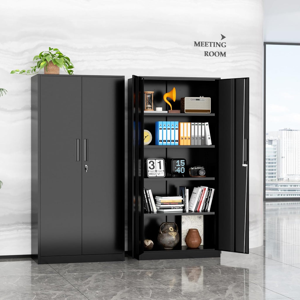 Bonusall 72' Storage Cabinet,2 Locking Doors & 4 Adjustable Shelves,Tall Cabinets,Heavy Duty Steel Cabinet for Home, Office, Warehouse, School (Black)