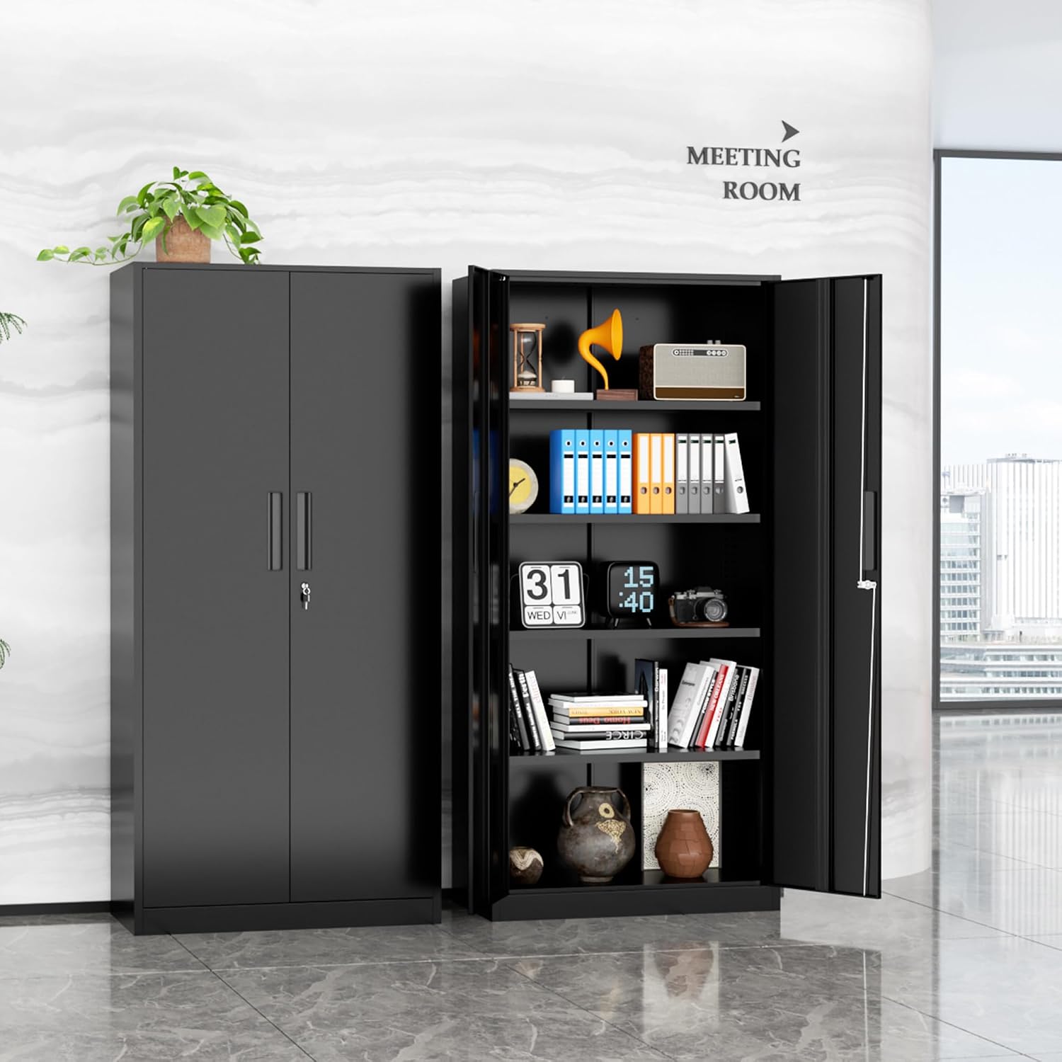 Bonusall 72' Storage Cabinet,2 Locking Doors & 4 Adjustable Shelves,Tall Cabinets,Heavy Duty Steel Cabinet for Home, Office, Warehouse, School (Black)