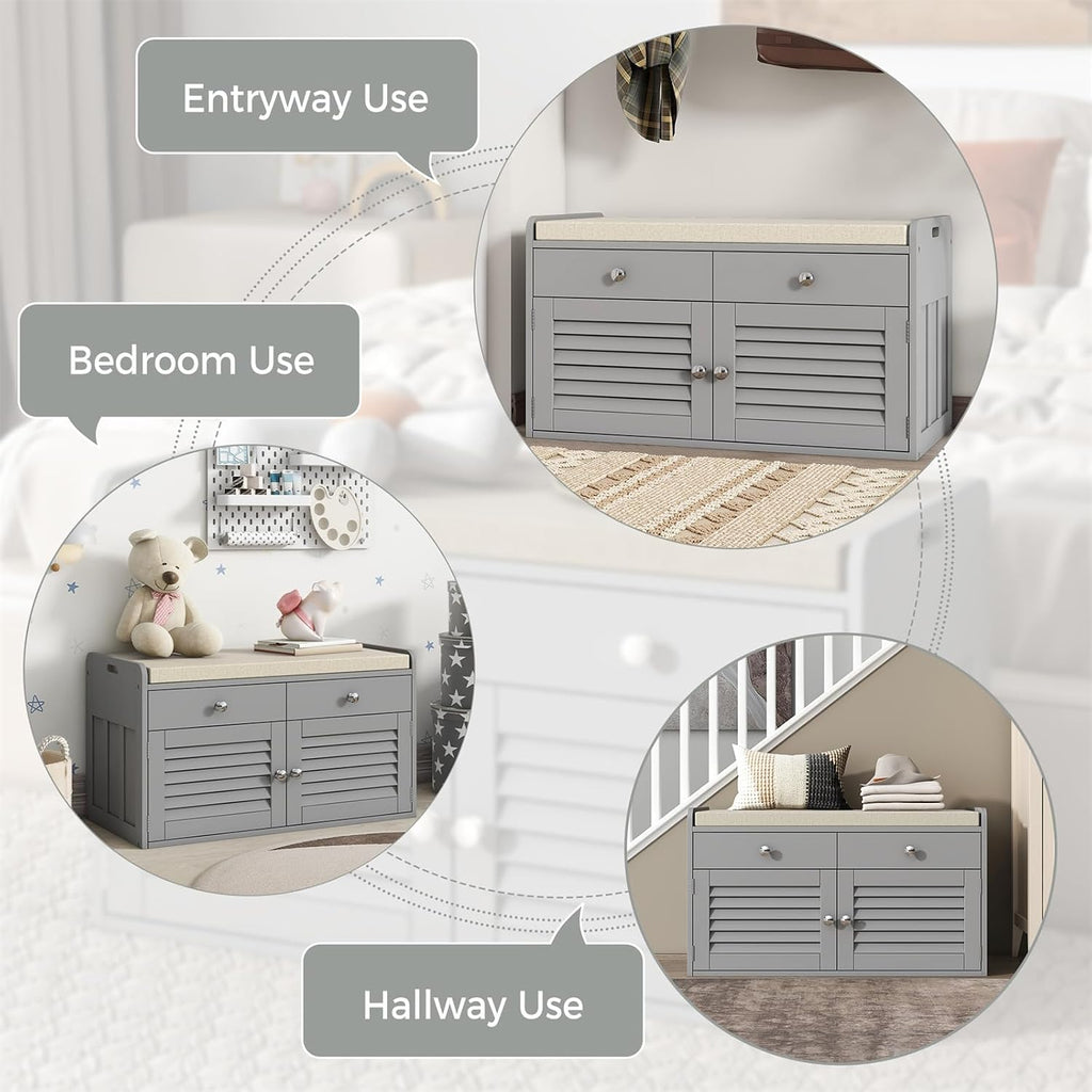 WARMHONIU Shoe Storage Bench with 2 Drawers, Entryway Bench with Cushion, Adjustable Shelves, Shoe Rack Bench with Louvered Doors for Entryway, Bedroom, Hallway, White