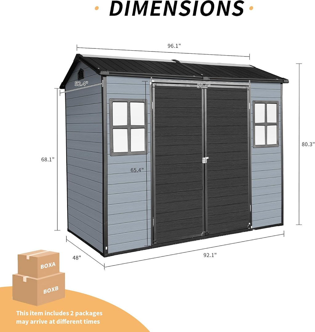 8x4FT Resin Storage Shed with Floor, Storage Shed with Floor Included, 2 Windows and Lockable Door Sheds for Garden Tools, Bike