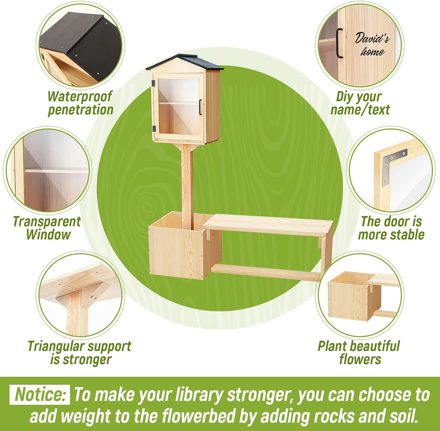 Wonderjune Little Library Box Outdoor with Bench & Planter DIY Paintable Lending Free Library Solid Pine Wood Neighborhood Share Box Ground Mount Kit for Yard Garden Community School(Wood)