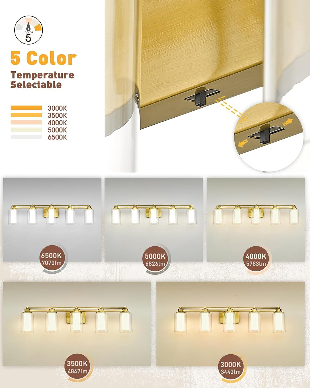 5 Light Vanity Light, HWH Brushed Gold Bathroom Light Fixtures Modern Vanity Lights Over Mirror with Clear Glass, 30W 5CCT Dimmable LED Vanity Lights for Bathroom, 5HLT63B-5W-LED BG