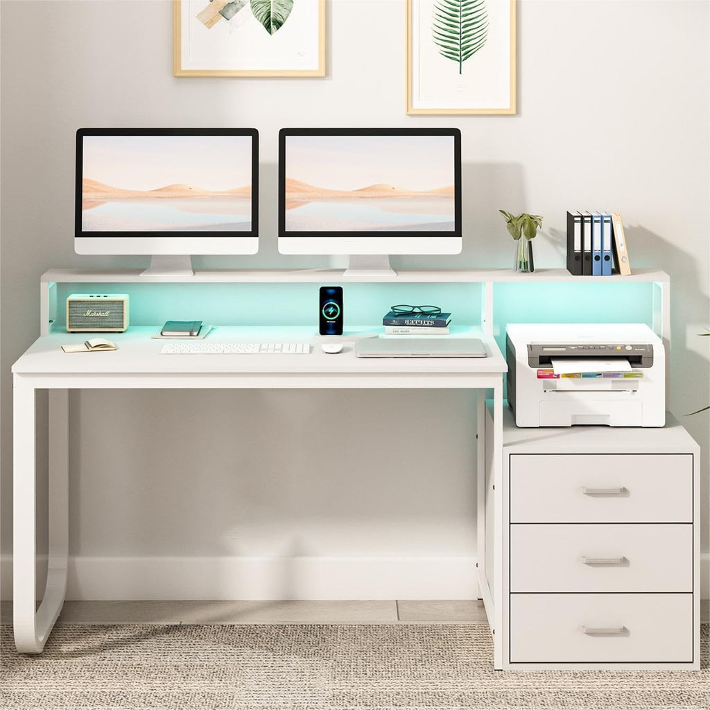HOMBCK 67' Computer Desk with 3 Drawers, Home Office Desk with Long Monitor Stand and Printer Space, Office Desk with Storage & LED Lights, Writing Desk with Drawers, White