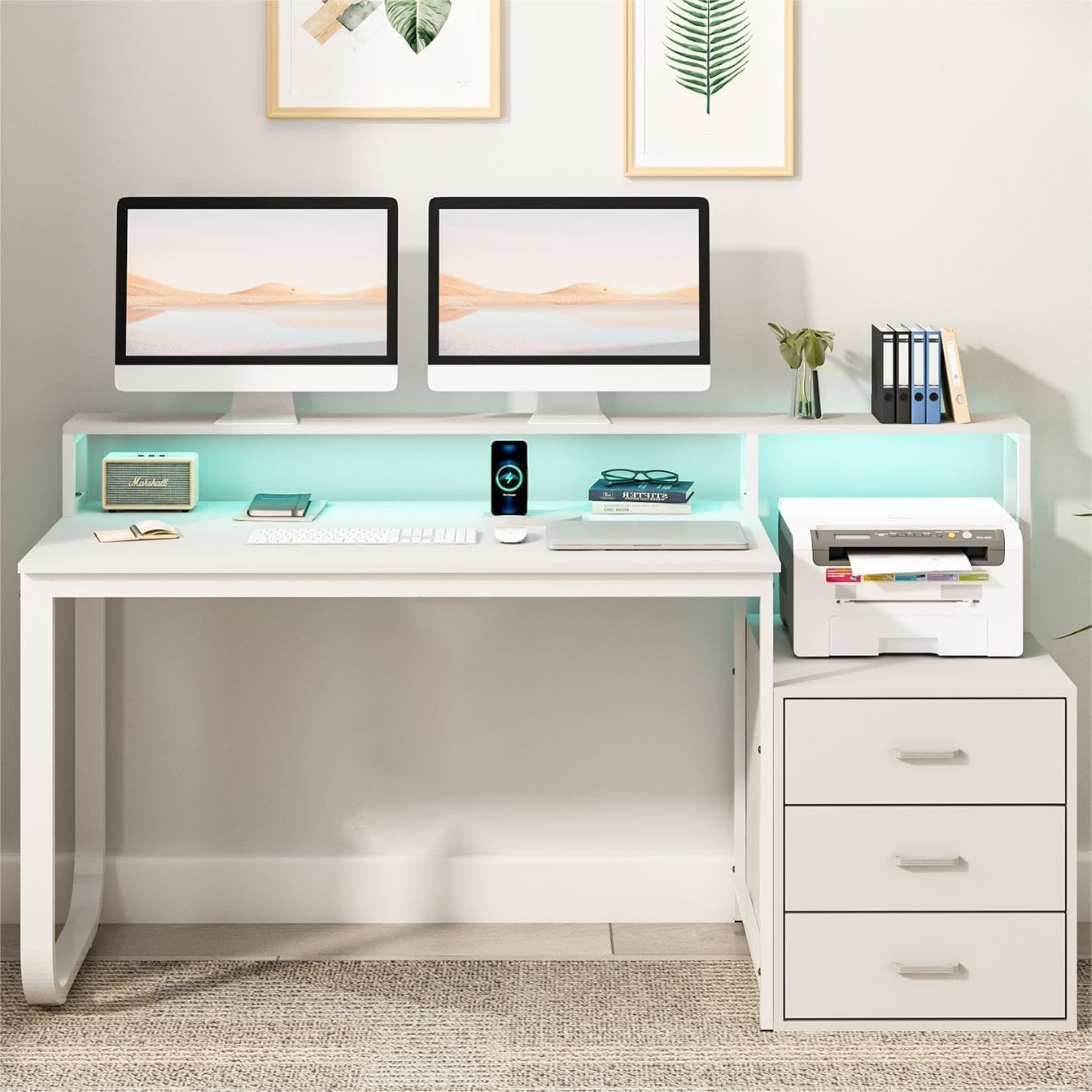 HOMBCK 67' Computer Desk with 3 Drawers, Home Office Desk with Long Monitor Stand and Printer Space, Office Desk with Storage & LED Lights, Writing Desk with Drawers, White