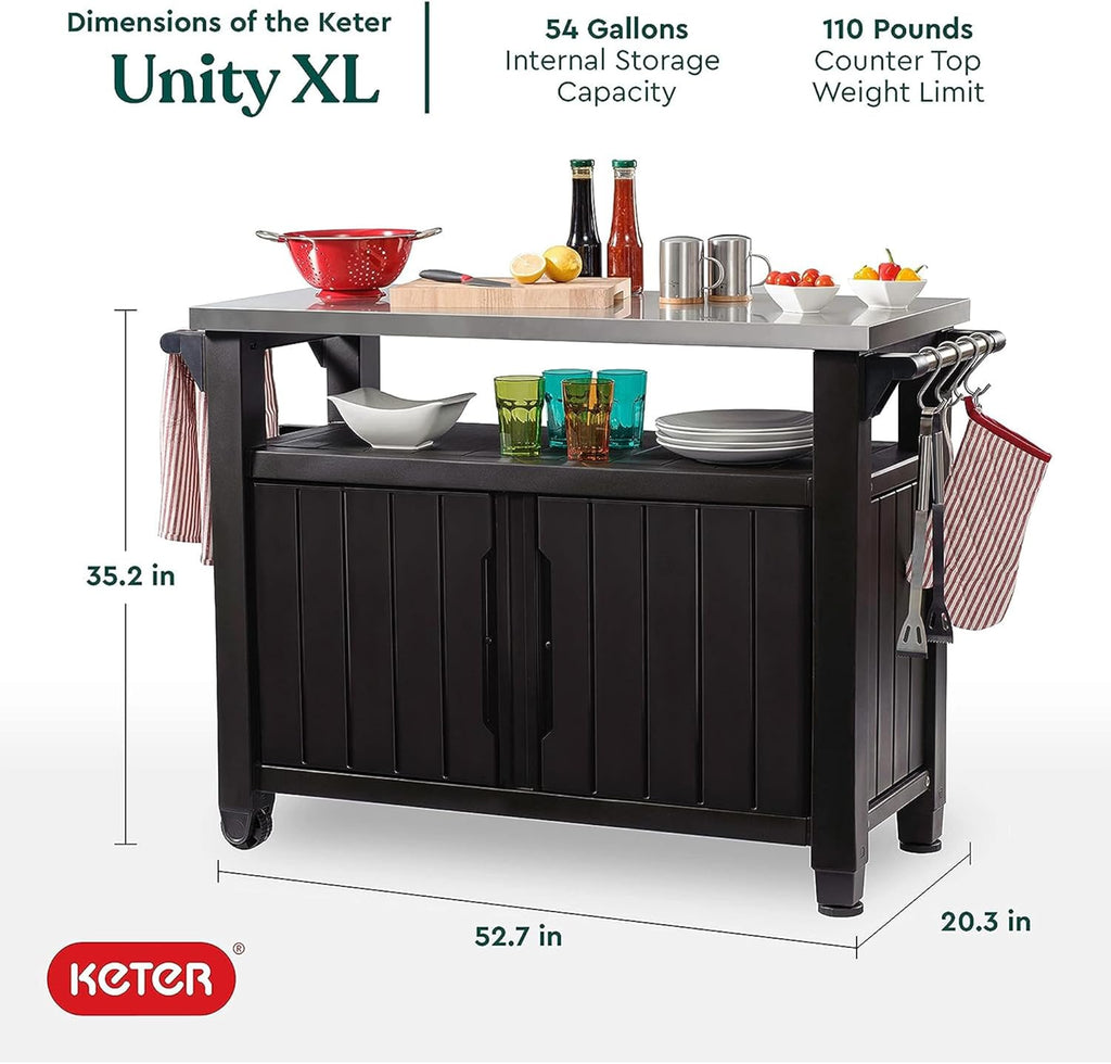 Keter Unity XL Outdoor Kitchen Rolling Bar Cart, Storage Cabinet Bundled with Westwood 150 Gallon Plastic Outdoor Furniture Storage Deck Box, Espresso