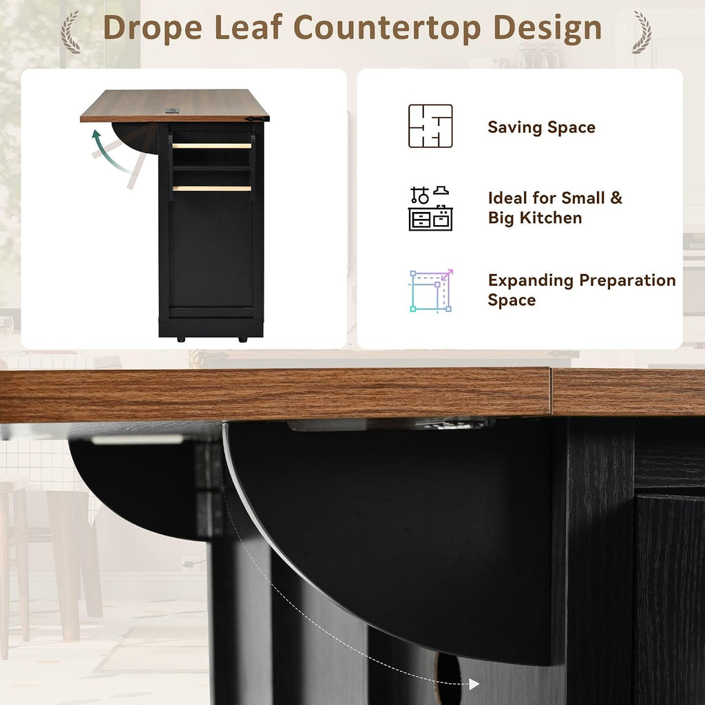 53.7' Farmhouse Kitchen Island with Power Outlet, 2 Sliding Barn Door Kitchen Storage Island with Drop Leaf, Spice Rack Rolling Kitchen Cart on Wheels, for Home, Kitchen and Dining Room, Black