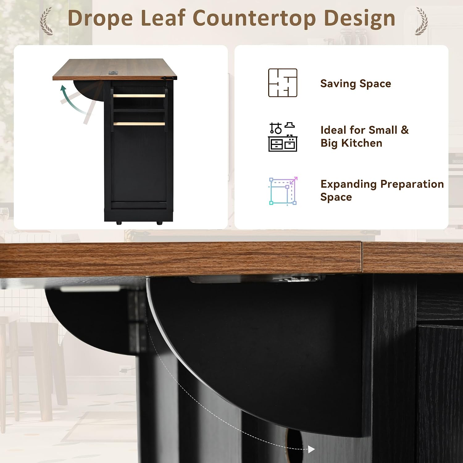 53.7' Farmhouse Kitchen Island with Power Outlet, 2 Sliding Barn Door Kitchen Storage Island with Drop Leaf, Spice Rack Rolling Kitchen Cart on Wheels, for Home, Kitchen and Dining Room, Black