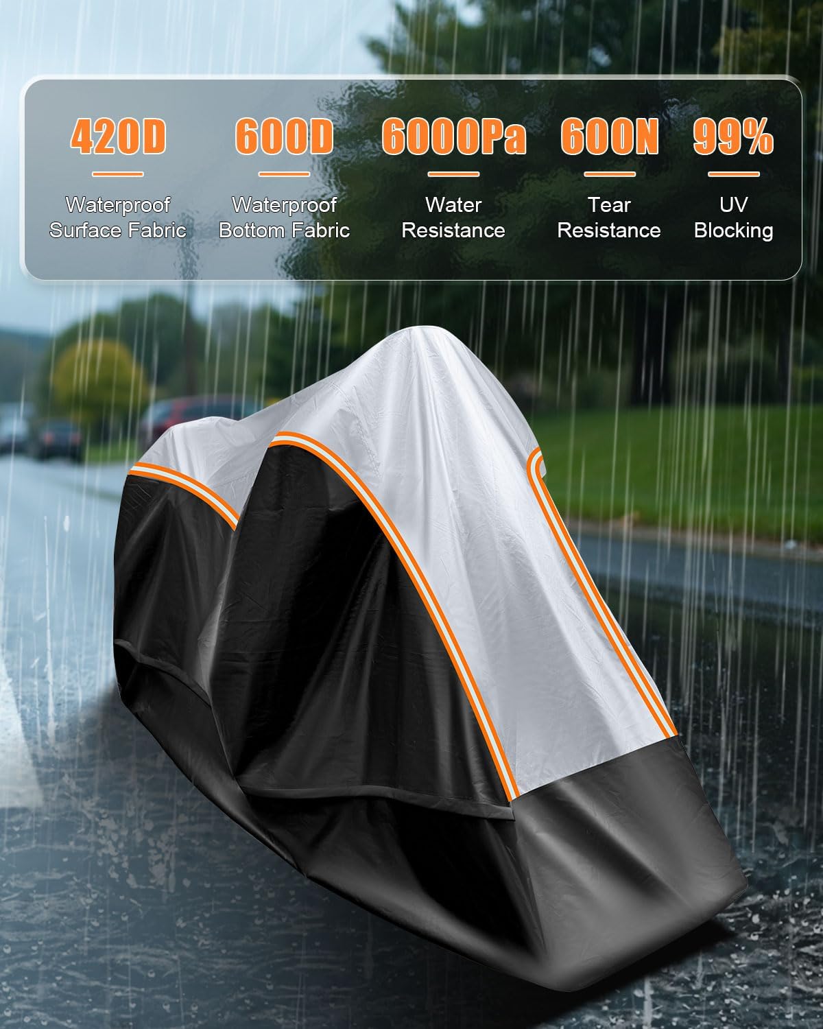 Full Enclosed Large Motorcycle Cover Waterproof Outdoor/Indoor Storage Motorcycle Cover Heavy Duty with Reflective Strips Fits Motorcycles Length up to 118' with Side+Top Box (Black+Sliver)