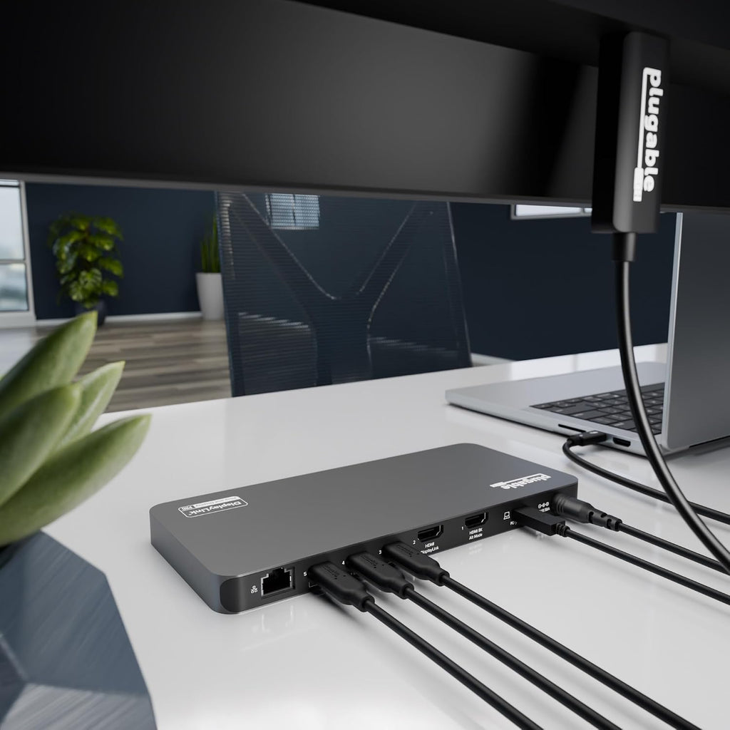 Plugable 5 Monitor USB-C Docking Station with 140W Power + 3X USB-C to DisplayPort 4K@60Hz Cables (6ft) – Complete Multimonitor Dock Bundle for Mac and Windows