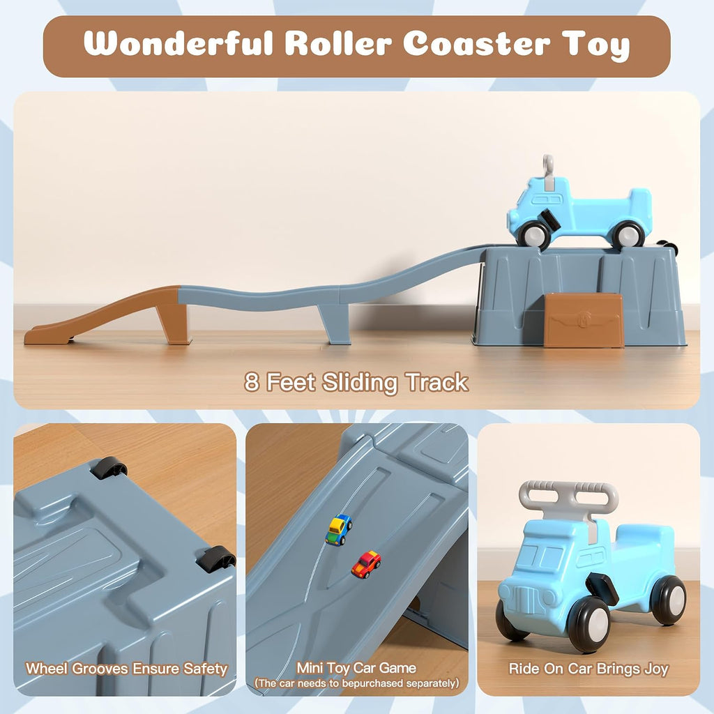 Up & Down Roller Coaster，Kids Ride On Toy，Toddler Push Car with Assembled Race Track & Storage Base Box, Indoor Outdoor Playset