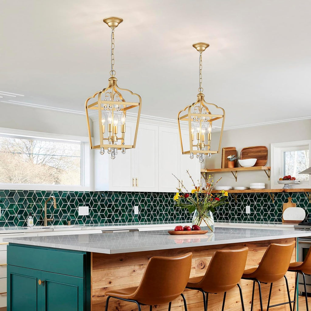 Gold Crystal Chandelier, 4-Light Modern Chandeliers for Dining Room Light Fixture Over Table Adjustable Height Hanging Farmhouse Pendant Light for Hallway Entryway Living Room Kitchen Island Bedroom