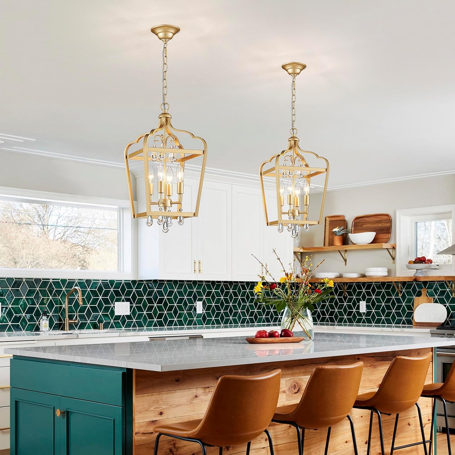 Gold Crystal Chandelier, 4-Light Modern Chandeliers for Dining Room Light Fixture Over Table Adjustable Height Hanging Farmhouse Pendant Light for Hallway Entryway Living Room Kitchen Island Bedroom