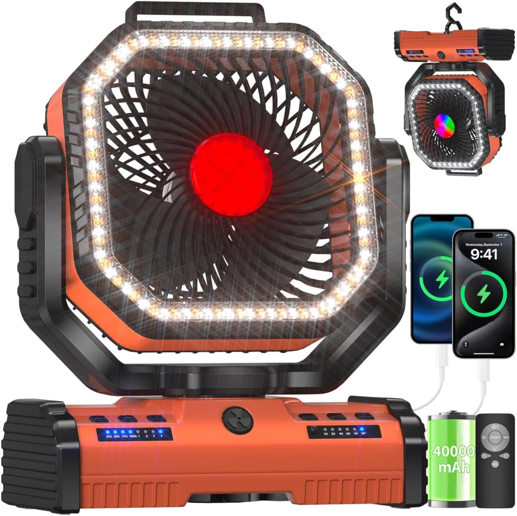 12 Inch Portable Camping Fan, 40000mAh Rechargeable Battery Powered Fan with 4 Speeds Wind and LED Light 140H, Cool & Warm Light and SOS Mode, Auto Oscillating, 360° Rotating Hang Hook(Orange)