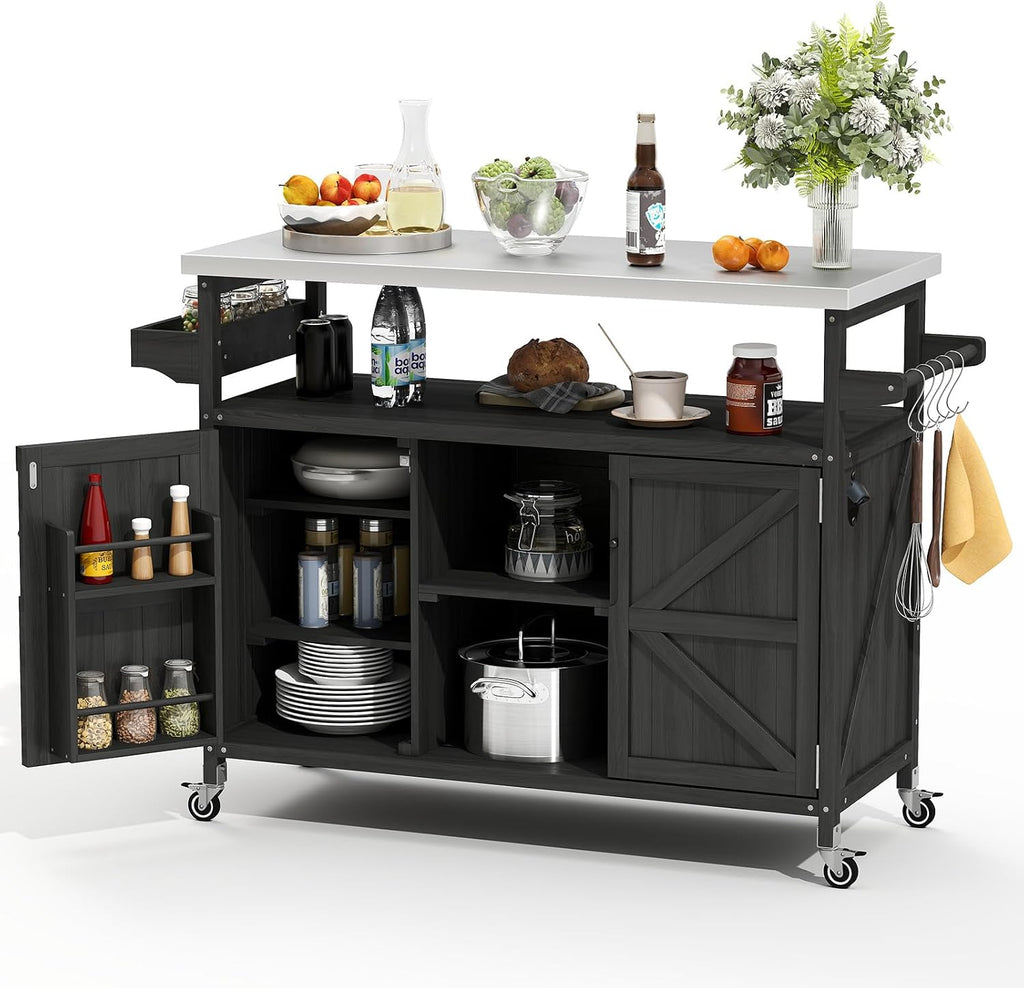 Zevemomo Outdoor Grill Cart, Stainless Steel Tabletop Outdoor Kitchen Island, Solid Wood Outdoor Buffet Cabinet with Lockable Wheels for Grilling, Black